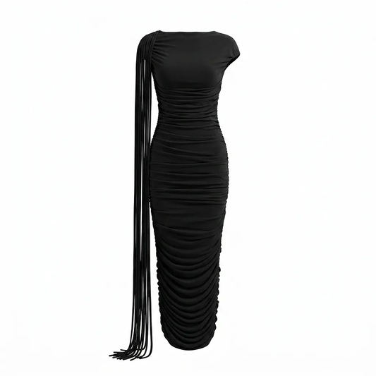 Tassel Detail Draped Maxi Dress Black HV3107