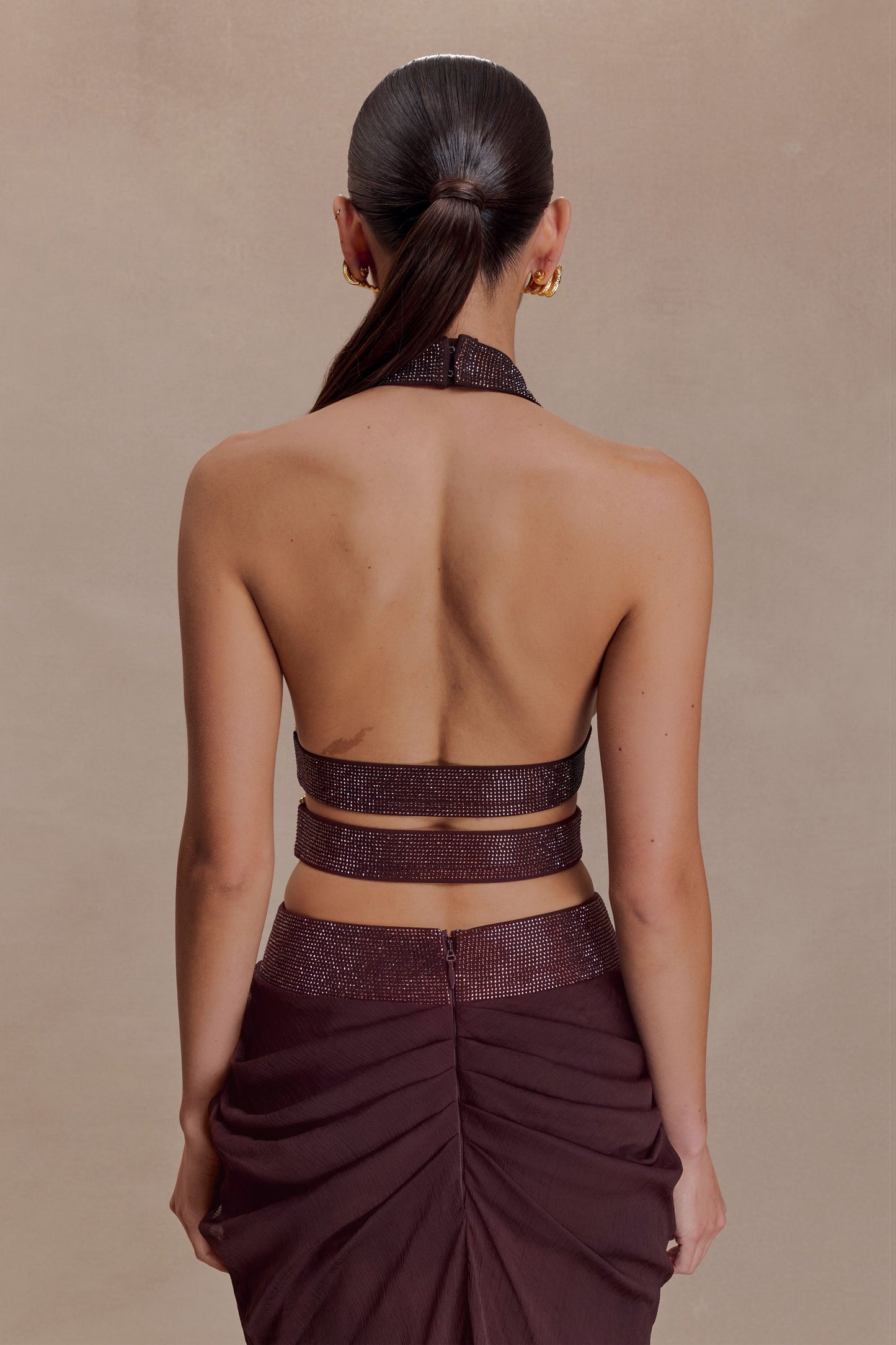 Halter Draped Two Piece Maxi Dress Brown Burgundy HV0072