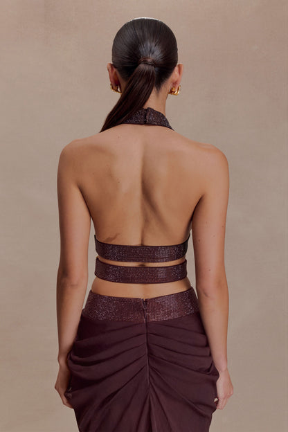 Halter Draped Two Piece Maxi Dress Brown Burgundy HV0072