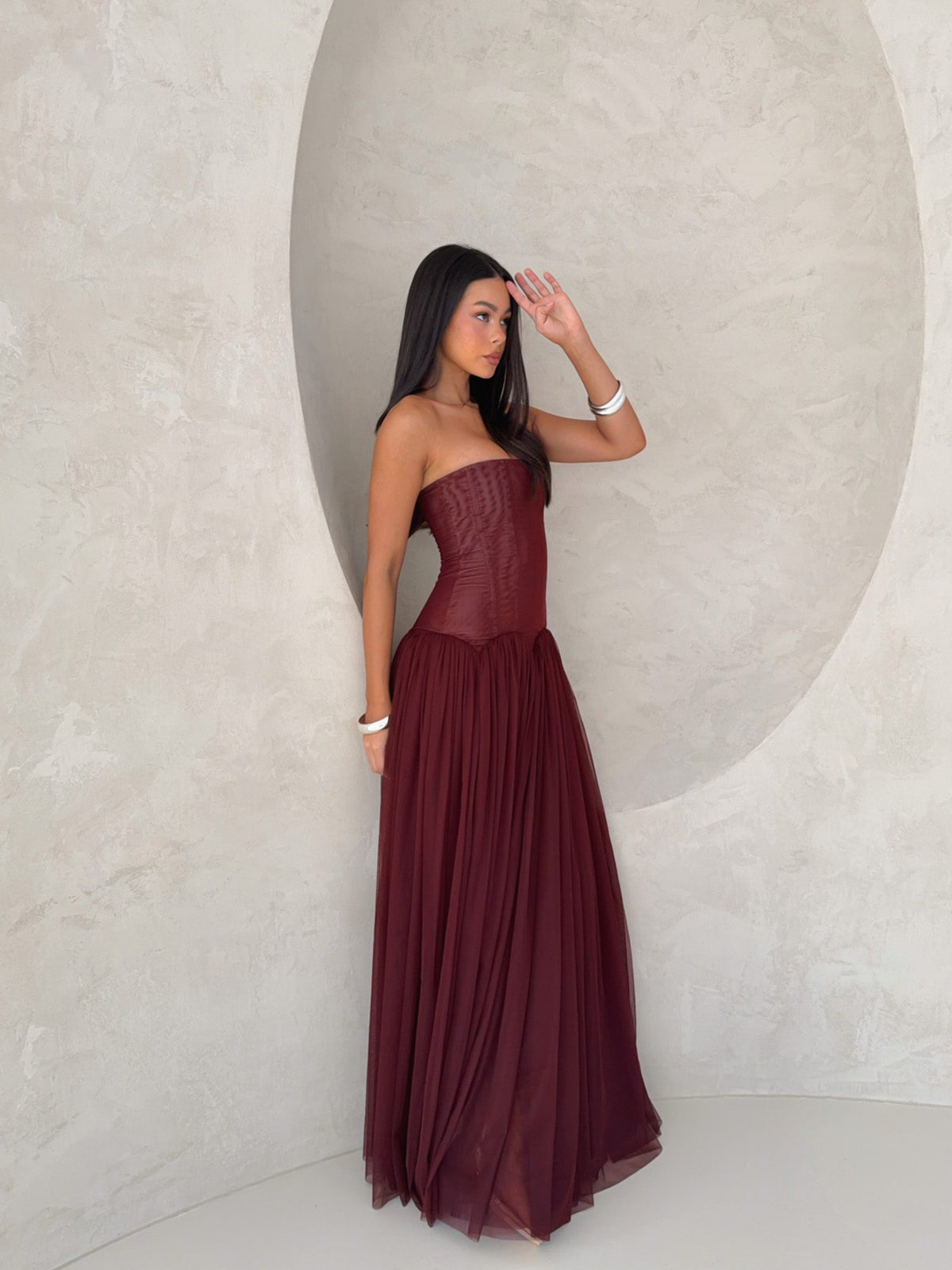 Strapless Structured A Line Maxi Dress Burgundy HV0086