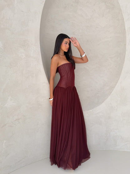 Strapless Structured A Line Maxi Dress Burgundy HV0086