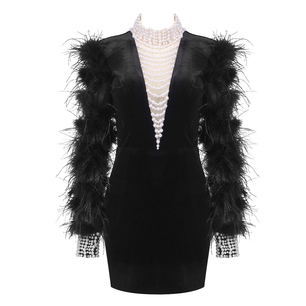 Feather Long Sleeve Pearl Velvet Dress Black HV1322