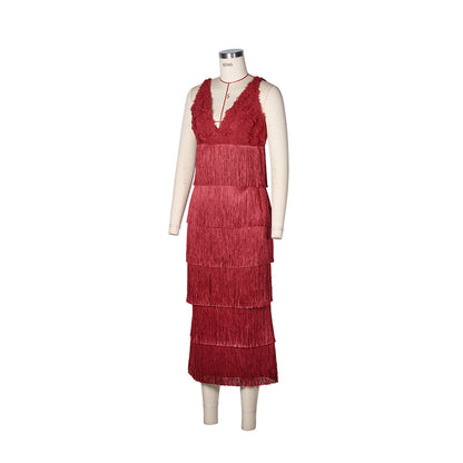 Lace Bustier Tassel Midi Dress Red HV2795