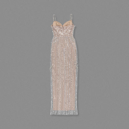 Crystal Sequin Bustier Maxi Dress Nude HV2144