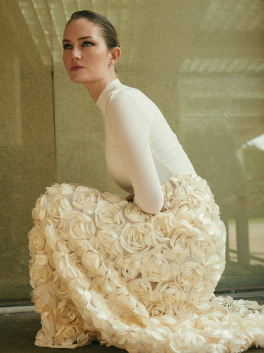 Long Sleeve Floral A Line Maxi Dress Ivory HV2839