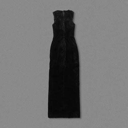 Crystal Mesh Insert Maxi Velvet Dress Black HV2092