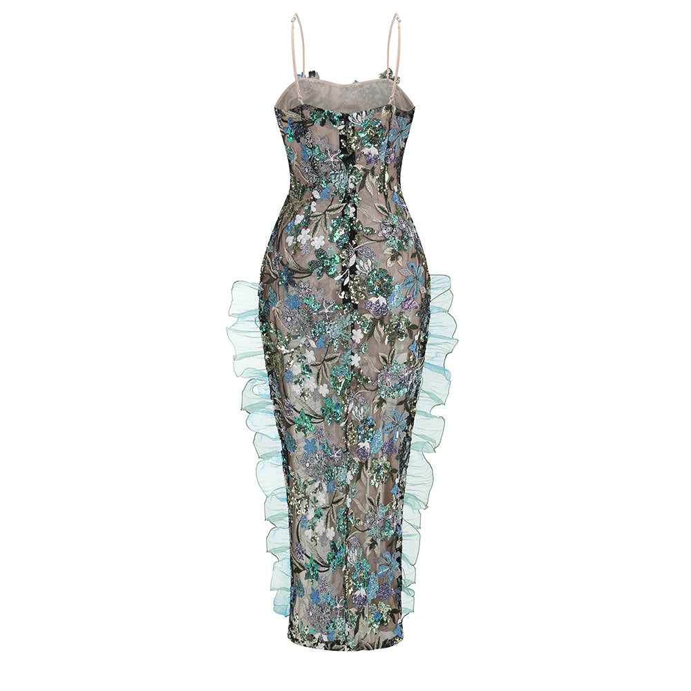 Floral Sequin Ruffle Maxi Dress Green HV1481