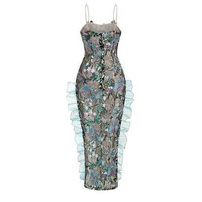 Floral Sequin Ruffle Maxi Dress Green HV1481