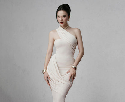 One Shoulder Draped Maxi Dress Ivory HV2829