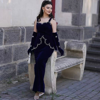 ชุดเดรสยาว Peplum แต่งคริสตัล สีดำ HV2670
