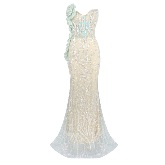 Strapless Floral Sequin Maxi Dress Green HV2227