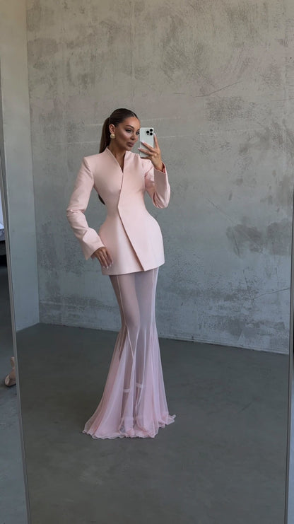 Long Sleeve Mesh Maxi Two Piece Dress Pink HV2572