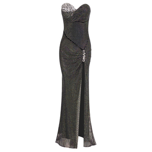 Strapless Crystal Draped Maxi Dress  HV1405