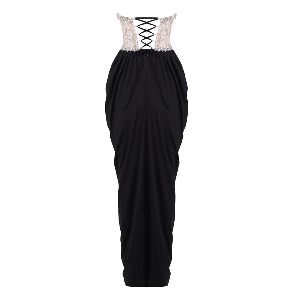 Strapless Crystal Lace Corset Maxi Dress Black White HV0039