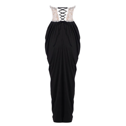 Strapless Crystal Lace Corset Maxi Dress Black White HV0039