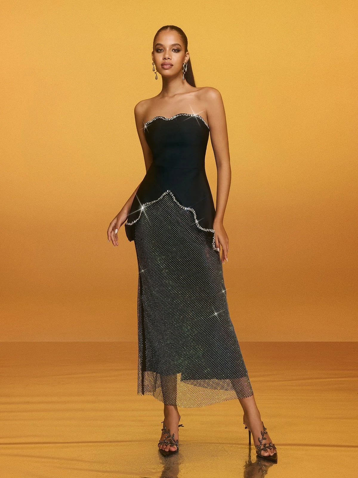 Strapless Crystal Trim Peplum Maxi Dress Gold HV2668