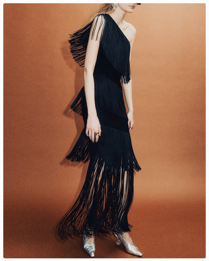 One Shoulder Tassel Maxi Dress Black HV2167