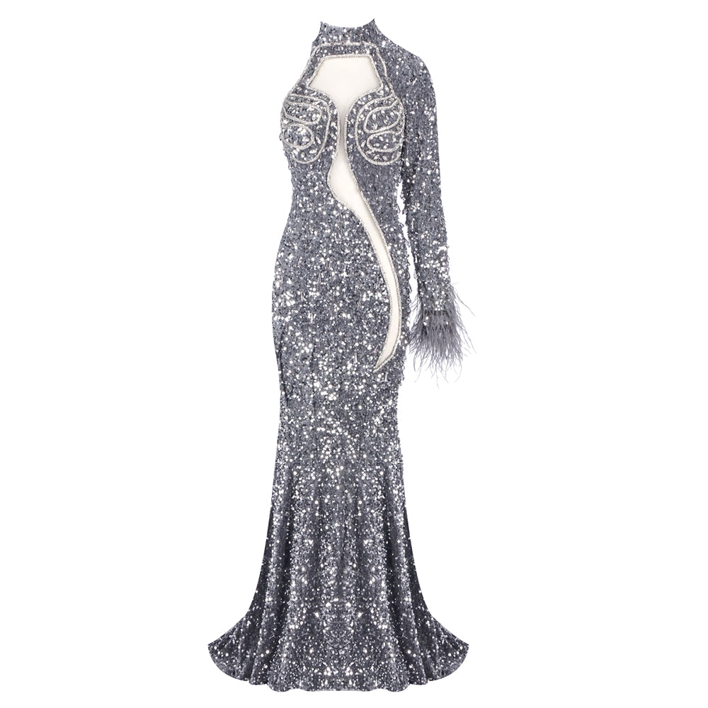 One Sleeve Sequin Maxi Dress Grey HV2229