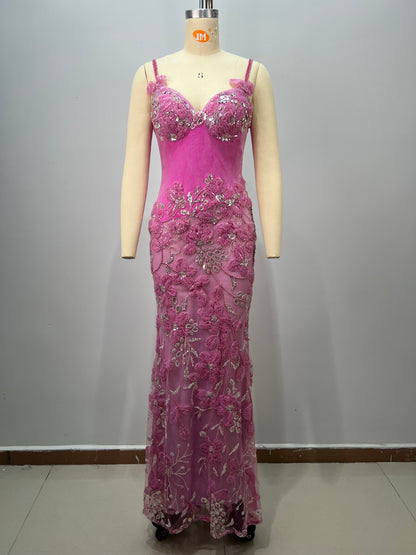 Floral Lace Bustier Maxi Dress Pink HV2928
