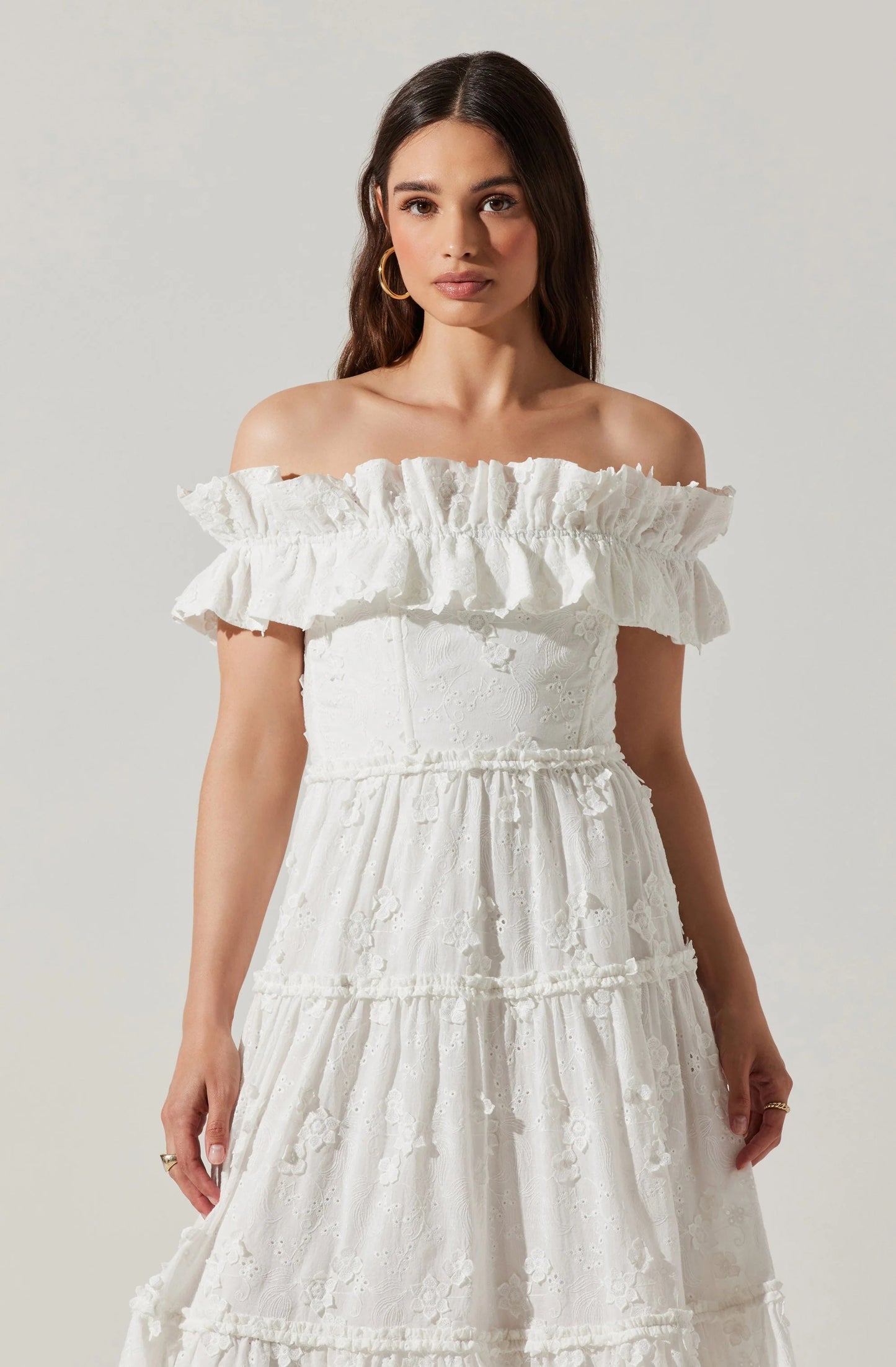 Ruffle Bardot A Line Midi Broderie Anglaise Dress White HV1407