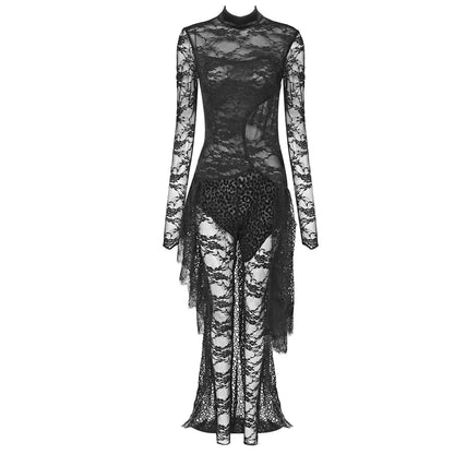 Long Sleeve Maxi Lace Velvet Dress Black HV