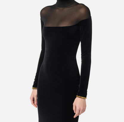 Long Sleeve Mesh Insert Maxi Velvet Dress Black HV0055