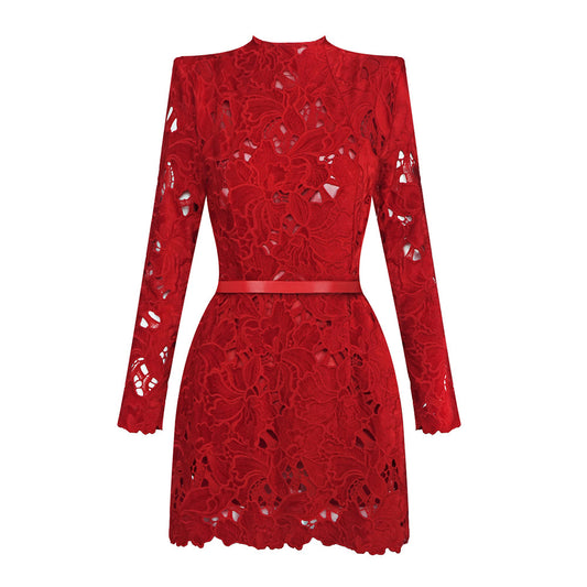 Long Sleeve Crochet Dress Red HV2676