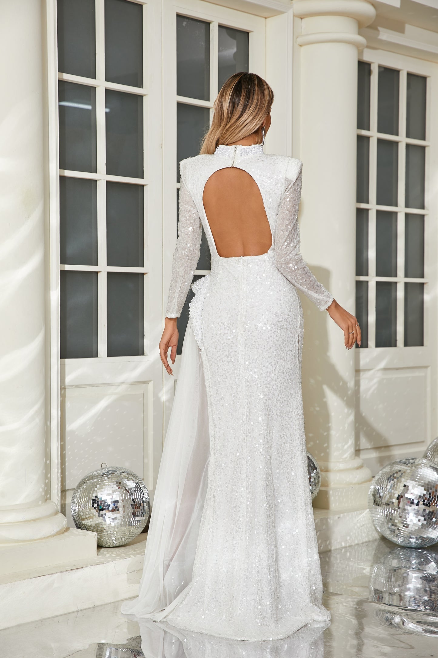 Long Sleeve Sequin Pearl Backless Maxi Dress White