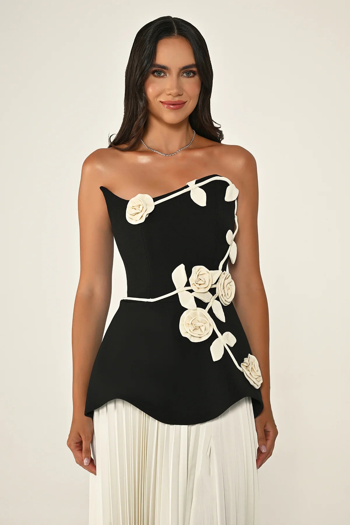 Strapless Floral Peplum Pleated Midi Dress Black White HV2612