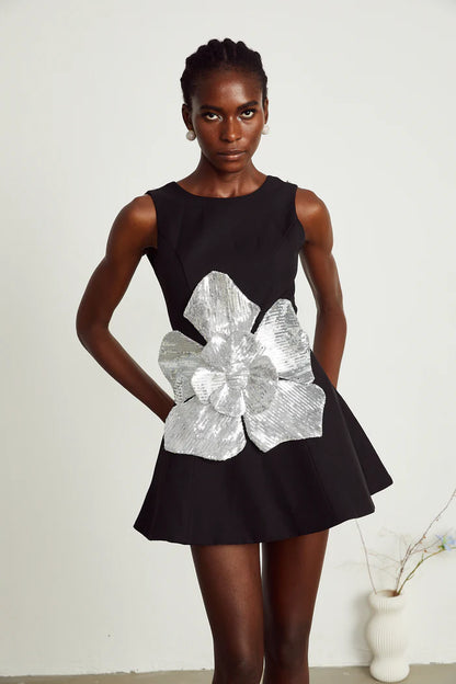 Sequin Floral A Line Dress Black Silver