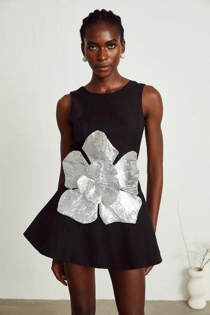 Sequin Floral A Line Dress Black Silver