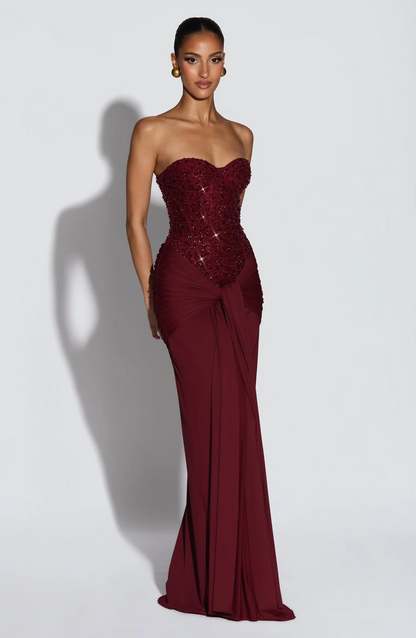 Strapless Sequin Draped Maxi Dress Red HV2813