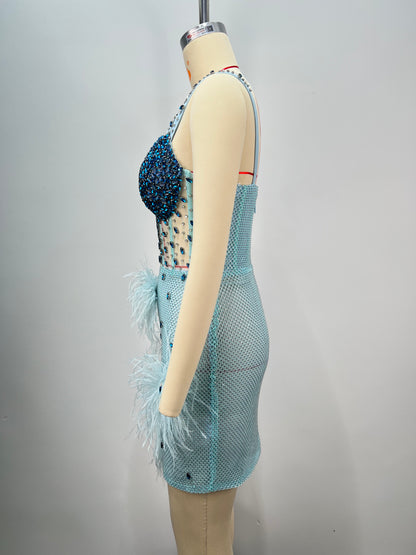 Crystal Bustier Feather Detail Dress Blue HV2192