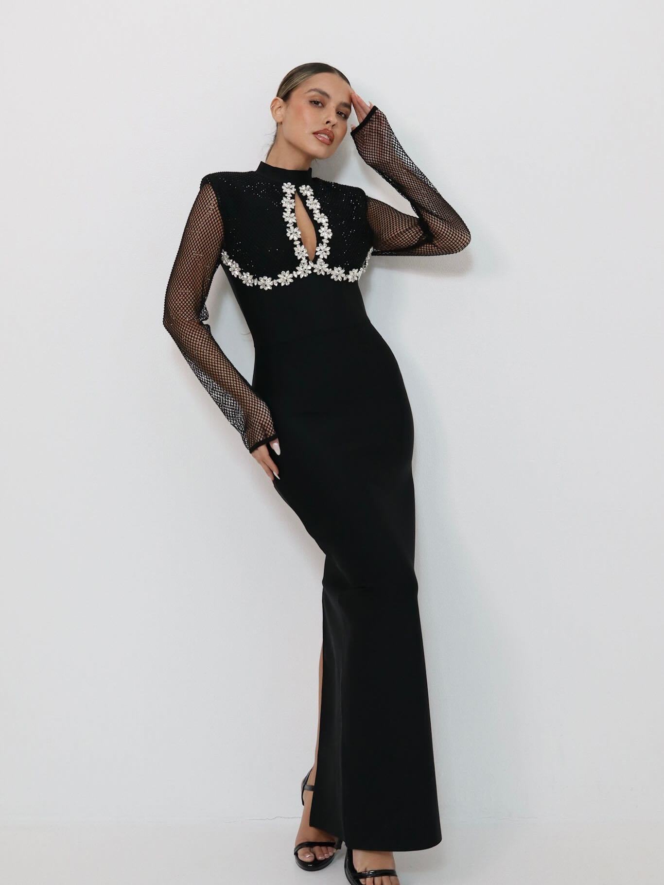Long Sleeve Crystal Floral Detail Maxi Dress Black HV2842