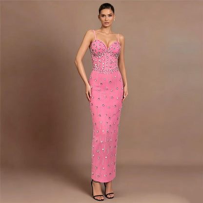 Crystal Embellished Bustier Maxi Dress Pink HV2894