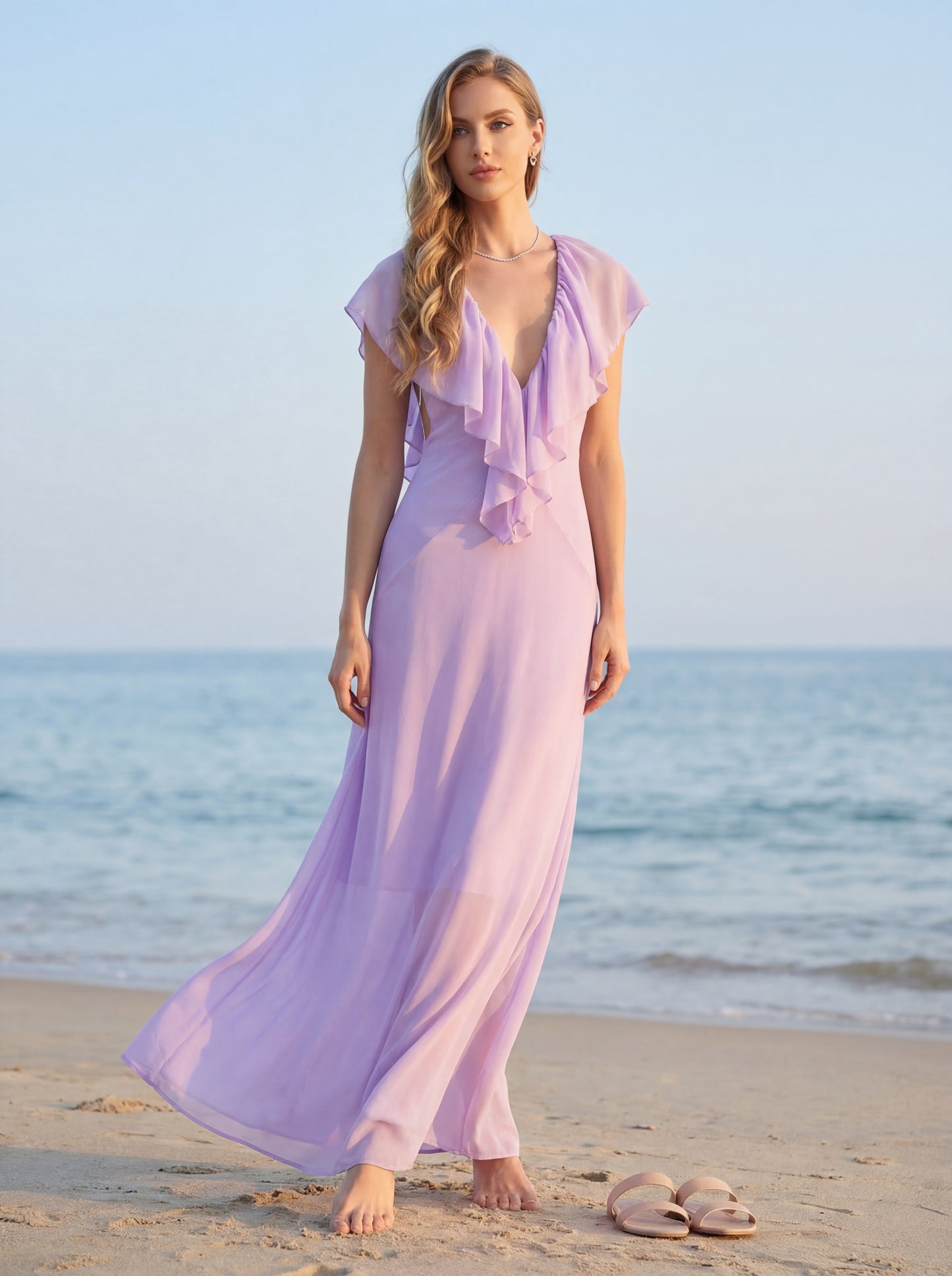 Ruffle Plunging Neck Maxi Dress Lavender HV2919