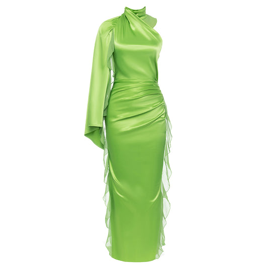 One Sleeve Ruffle Detail Maxi Dress Green HV9697