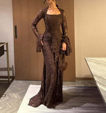 Long Sleeve Ruffle Detail Lace Maxi Dress Brown HV3238