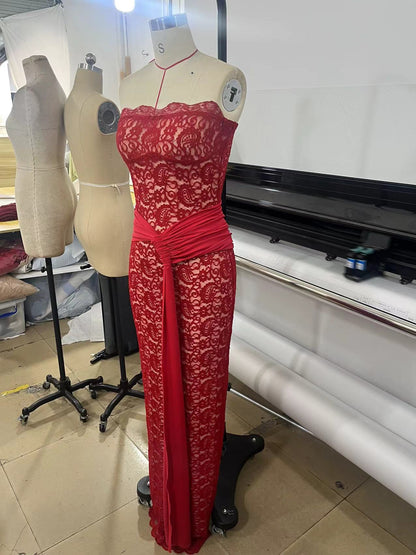 Strapless Scalloped Lace Maxi Dress HV3189