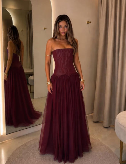 Strapless Structured A Line Maxi Dress Burgundy HV0086