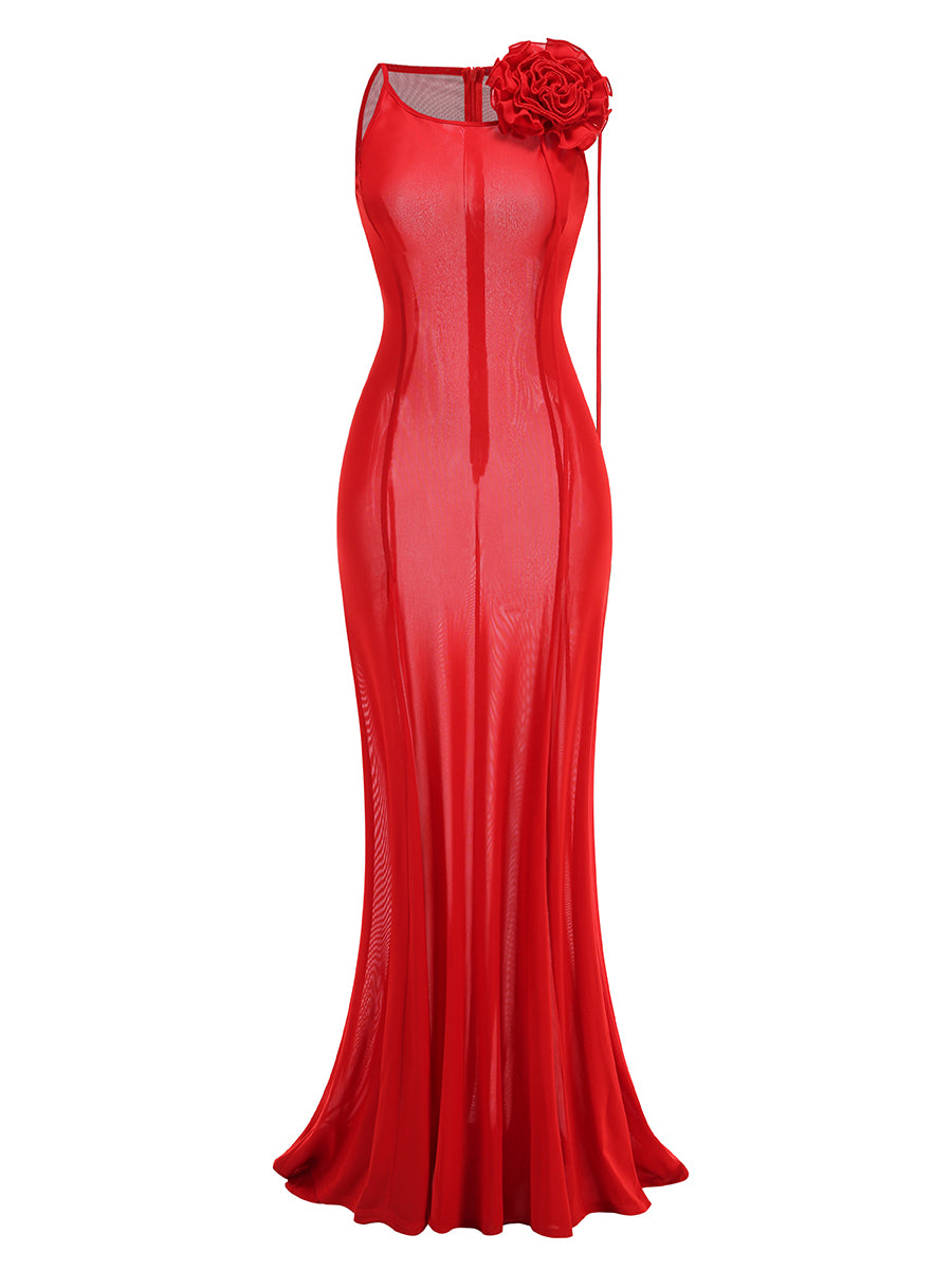 Floral Detail Maxi Dress Red