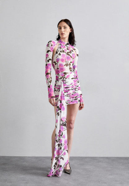 Long Sleeve Floral Backless Dress Pink HV1938
