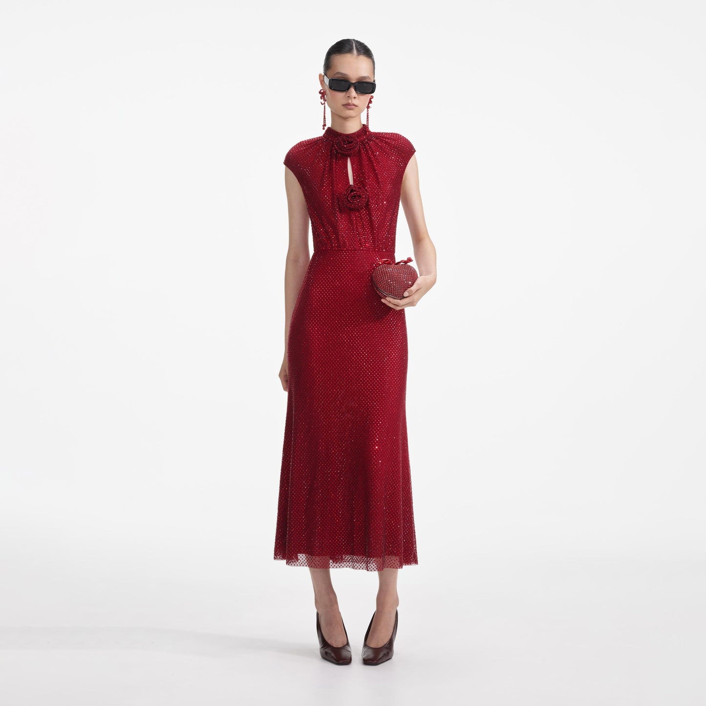 Floral Detail Sparkly Midi Dress Red HV2213