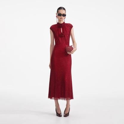 Floral Detail Sparkly Midi Dress Red HV2213