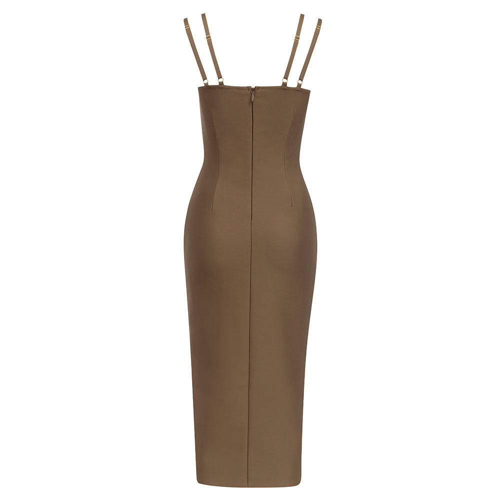 Crystal Draped Bustier Midi Dress Brown HV9797