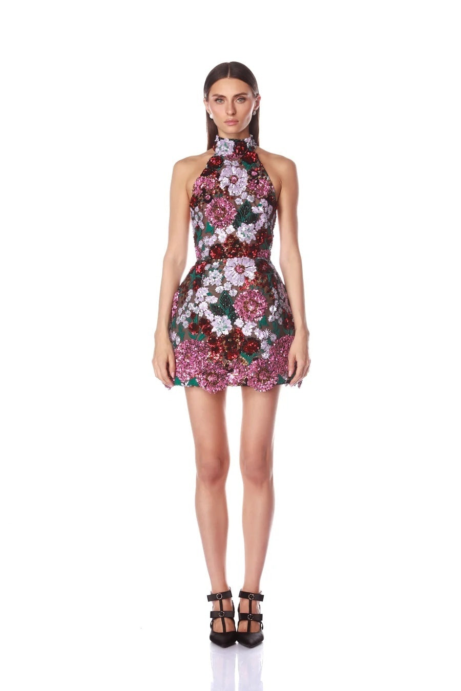 Halter Sequin Floral Dress Hot Pink Green HV2423