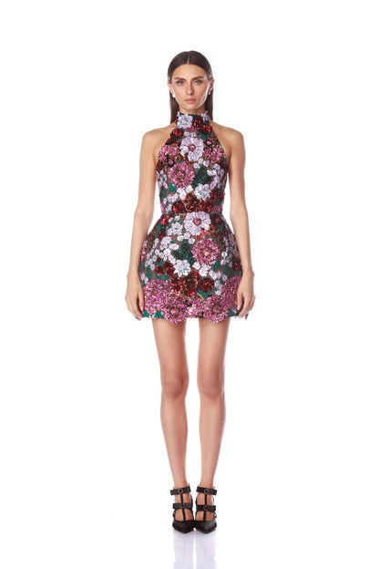Halter Sequin Floral Dress Hot Pink Green HV2423