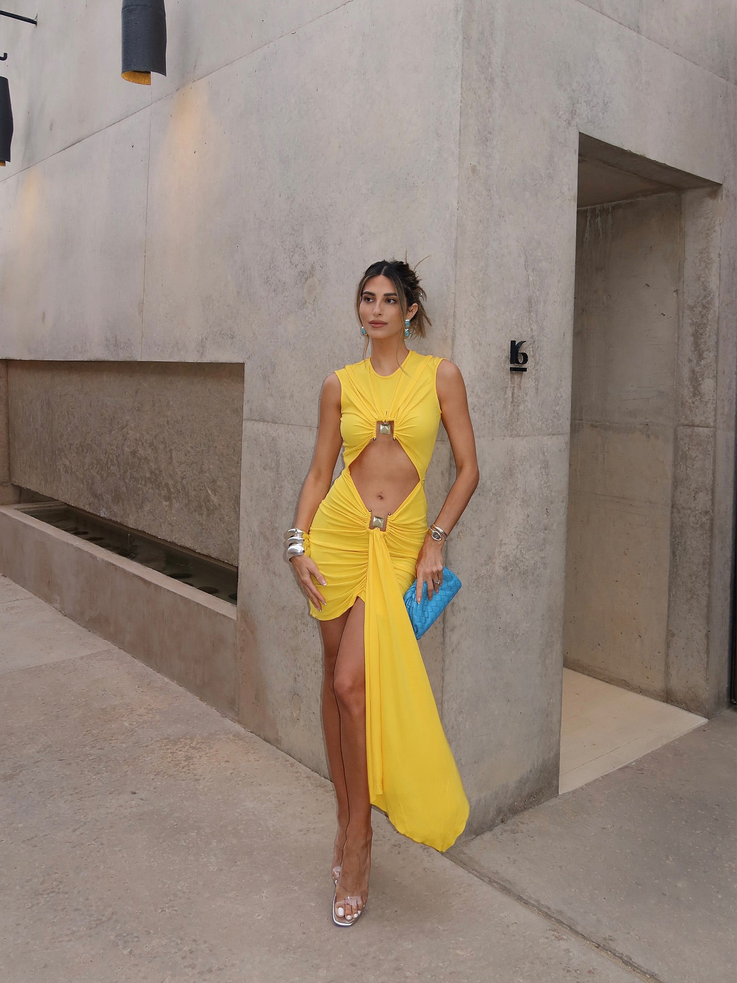 Draped Cut Out Detail Dress Yellow HV3073
