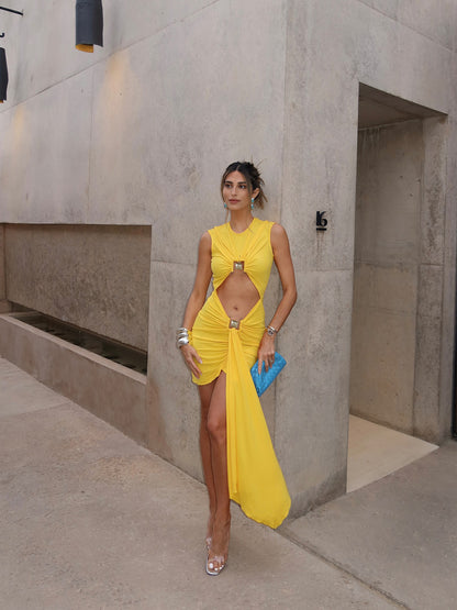 Draped Cut Out Detail Dress Yellow HV3073