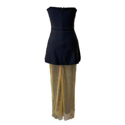 Strapless Crystal Trim Peplum Maxi Dress Gold HV2668
